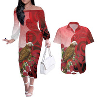 New Zealand Parrot Kaka Couples Matching Off The Shoulder Long Sleeve Dress and Hawaiian Shirt Maori Koru With Pohutukawa Flowers - Polynesian Pride
