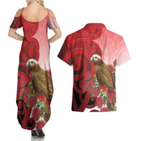 New Zealand Parrot Kaka Couples Matching Summer Maxi Dress and Hawaiian Shirt Maori Koru With Pohutukawa Flowers - Polynesian Pride