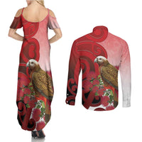 New Zealand Parrot Kaka Couples Matching Summer Maxi Dress and Long Sleeve Button Shirt Maori Koru With Pohutukawa Flowers - Polynesian Pride