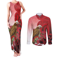 New Zealand Parrot Kaka Couples Matching Tank Maxi Dress and Long Sleeve Button Shirt Maori Koru With Pohutukawa Flowers - Polynesian Pride