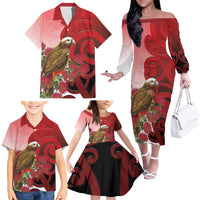 New Zealand Parrot Kaka Family Matching Off The Shoulder Long Sleeve Dress and Hawaiian Shirt Maori Koru With Pohutukawa Flowers - Polynesian Pride