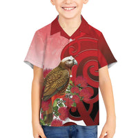 New Zealand Parrot Kaka Family Matching Off The Shoulder Long Sleeve Dress and Hawaiian Shirt Maori Koru With Pohutukawa Flowers - Polynesian Pride