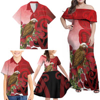 New Zealand Parrot Kaka Family Matching Off Shoulder Maxi Dress and Hawaiian Shirt Maori Koru With Pohutukawa Flowers - Polynesian Pride