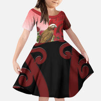 New Zealand Parrot Kaka Family Matching Tank Maxi Dress and Hawaiian Shirt Maori Koru With Pohutukawa Flowers - Polynesian Pride