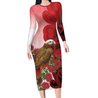 New Zealand Parrot Kaka Long Sleeve Bodycon Dress Maori Koru With Pohutukawa Flowers - Polynesian Pride