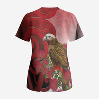 New Zealand Parrot Kaka Scrub Top Maori Koru With Pohutukawa Flowers LT05 - Polynesian Pride