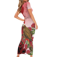 New Zealand Parrot Kaka Short Sleeve Bodycon Dress Maori Koru With Pohutukawa Flowers - Polynesian Pride