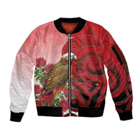 New Zealand Parrot Kaka Sleeve Zip Bomber Jacket Maori Koru With Pohutukawa Flowers LT05 Unisex Red - Polynesian Pride