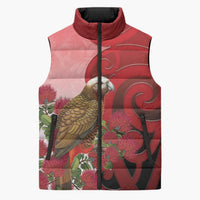 New Zealand Parrot Kaka Sleeveless Puffer Jacket Maori Koru With Pohutukawa Flowers LT05 Unisex Red - Polynesian Pride