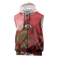New Zealand Parrot Kaka Sleeveless Zip Hoodie Maori Koru With Pohutukawa Flowers - Polynesian Pride