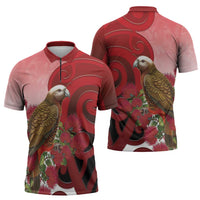 New Zealand Parrot Kaka Zipper Polo Shirt Maori Koru With Pohutukawa Flowers - Polynesian Pride