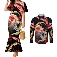 Personalised French Polynesia Victory Day Couples Matching Mermaid Dress and Long Sleeve Button Shirt Polynesian Pattern Plumeria LT05 Black - Polynesian Pride