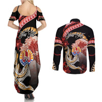 Personalised French Polynesia Victory Day Couples Matching Summer Maxi Dress and Long Sleeve Button Shirt Polynesian Pattern Plumeria LT05 - Polynesian Pride