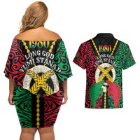 Vanuatu 46th Independence Day Couples Matching Off Shoulder Short Dress and Hawaiian Shirt Long God Yumi Stanap Wild Boar LT05 - Polynesian Pride
