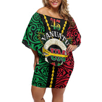 Vanuatu 45th Independence Day Off Shoulder Short Dress Long God Yumi Stanap Wild Boar LT05 Women Black - Polynesian Pride
