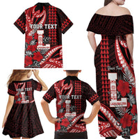 Personalized Hawaii Lahainaluna High School Family Matching Off Shoulder Maxi Dress and Hawaiian Shirt Tribal Tattoo With Hibiscus Flowers