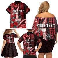 Personalized Hawaii Lahainaluna High School Family Matching Off Shoulder Short Dress and Hawaiian Shirt Tribal Tattoo With Hibiscus Flowers