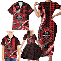 Personalized Hawaii Lahainaluna High School Family Matching Short Sleeve Bodycon Dress and Hawaiian Shirt Tribal Tattoo With Hibiscus Flowers