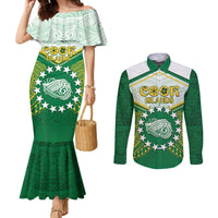 Personalised Cook Islands Ra o te Ui Ariki Couples Matching Mermaid Dress and Long Sleeve Button Shirt Polynesian Pattern LT05 Green - Polynesian Pride