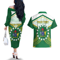 Personalised Cook Islands Ra o te Ui Ariki Couples Matching Off The Shoulder Long Sleeve Dress and Hawaiian Shirt Polynesian Pattern LT05 - Polynesian Pride