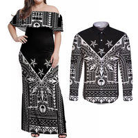 Black Philippines Sun Star Couples Matching Off Shoulder Maxi Dress and Long Sleeve Button Shirt Igorot Tribal Inspiration LT05 Black - Polynesian Pride