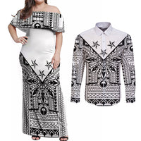 White Philippines Sun Star Couples Matching Off Shoulder Maxi Dress and Long Sleeve Button Shirt Igorot Tribal Inspiration LT05 White - Polynesian Pride