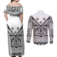 White Philippines Sun Star Couples Matching Off Shoulder Maxi Dress and Long Sleeve Button Shirt Igorot Tribal Inspiration LT05 - Polynesian Pride