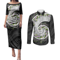 Piko Hawaii Couples Matching Puletasi and Long Sleeve Button Shirt Polynesian Pattern With Maile Pikake Honohono Lei