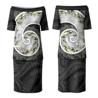 Piko Hawaii Couples Matching Puletasi and Long Sleeve Button Shirt Polynesian Pattern With Maile Pikake Honohono Lei