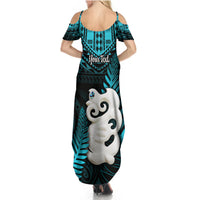 Personalized New Zealand Summer Maxi Dress Manaia Maori Pattern With Turquoise Fern LT05 - Polynesian Pride