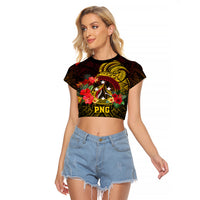 Papua New Guinea Raglan Cropped T Shirt Coat Of Arms Tropical Flowers Polynesian Pattern LT05 Female Yellow - Polynesian Pride