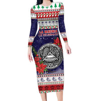 American Samoa Christmas Long Sleeve Bodycon Dress Poinsettia La Maunia Le Kilisimasi
