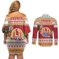 French Polynesia Christmas Couples Matching Off Shoulder Short Dress and Long Sleeve Button Shirt Coat Of Arms Merry Xmas