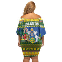 Solomon Islands Christmas Off Shoulder Short Dress Coat Of Arms Merry Xmas