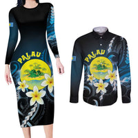 Palau United Nations Day Couples Matching Long Sleeve Bodycon Dress and Long Sleeve Button Shirt Polynesian Curves Plumeria - Polynesian Pride