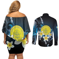 Palau United Nations Day Couples Matching Off Shoulder Short Dress and Long Sleeve Button Shirt Polynesian Curves Plumeria - Polynesian Pride