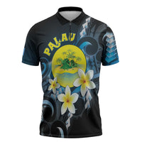 Palau United Nations Day Zipper Polo Shirt Polynesian Curves Plumeria - Polynesian Pride
