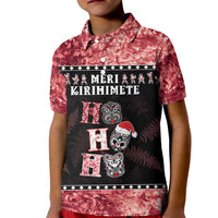 Personalised New Zealand Tiki Christmas Kid Polo Shirt Ho Ho Ho Paua Shell Glitter Red
