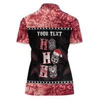 Personalised New Zealand Tiki Christmas Women Polo Shirt Ho Ho Ho Paua Shell Glitter Red