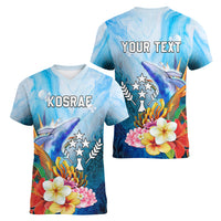 Personalised Kosrae Constitution Day Women V Neck T Shirt Humpback Whale Tropical Flowers LT05 - Polynesian Pride