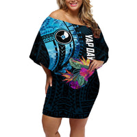 Personalised FSM Yap State Day Off Shoulder Short Dress Tropical Flowers Tribal Pattern LT05 Women Blue - Polynesian Pride