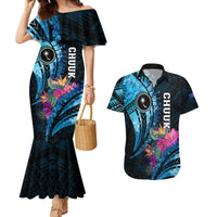 Personalised FSM Chuuk State Couples Matching Mermaid Dress and Hawaiian Shirt Tropical Flowers Tribal Pattern LT05 Blue - Polynesian Pride