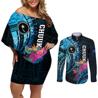 Personalised FSM Chuuk State Couples Matching Off Shoulder Short Dress and Long Sleeve Button Shirt Tropical Flowers Tribal Pattern LT05 Blue - Polynesian Pride