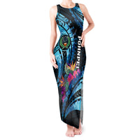 Personalised FSM Pohnpei State Tank Maxi Dress Tropical Flowers Tribal Pattern LT05 Women Blue - Polynesian Pride