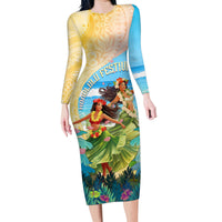 Personalised Hawaii Honolulu Festival Family Matching Long Sleeve Bodycon Dress and Hawaiian Shirt Hula Girls Tropical Vibe LT05 Mom's Dress Blue - Polynesian Pride
