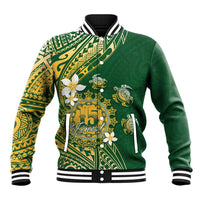 Cook Islands 15 Finest Baseball Jacket Plumeria Polynesian Turtle LT05 Unisex Green - Polynesian Pride