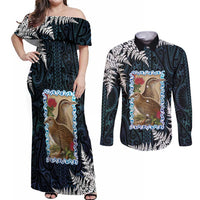 New Zealand Weka Couples Matching Off Shoulder Maxi Dress and Long Sleeve Button Shirt Maori Hen Koru Pattern LT05 Black - Polynesian Pride