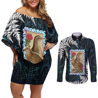 New Zealand Weka Couples Matching Off Shoulder Short Dress and Long Sleeve Button Shirt Maori Hen Koru Pattern LT05 Black - Polynesian Pride