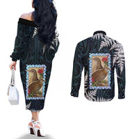 New Zealand Weka Couples Matching Off The Shoulder Long Sleeve Dress and Long Sleeve Button Shirt Maori Hen Koru Pattern - Polynesian Pride