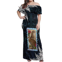 New Zealand Weka Off Shoulder Maxi Dress Maori Hen Koru Pattern LT05 Women Black - Polynesian Pride